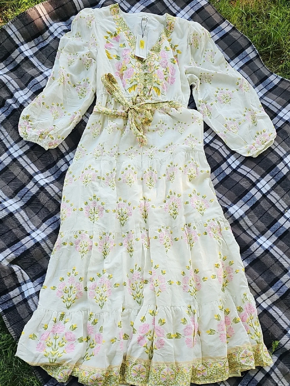 Ivory Floral Maxi Dress with Pink & Green Accents - Picture 1 of 7